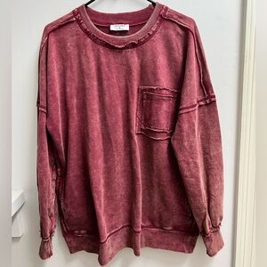 Zenana French terry acid wash raw edge front pocket pullover